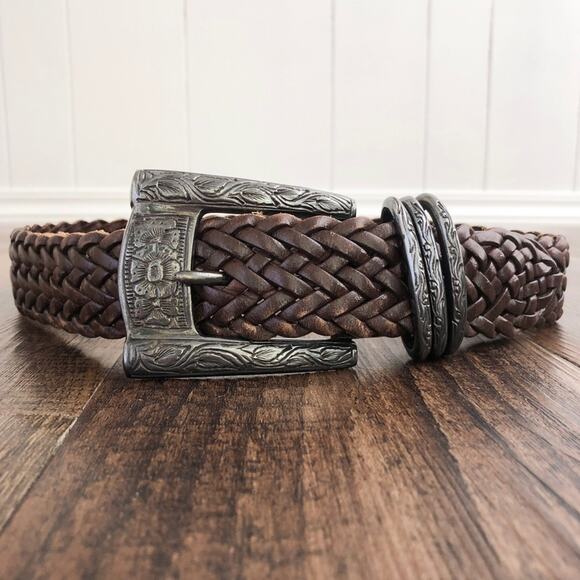 Vintage Woven Leather Belt Ornate Floral Buckle Jennifer Graham Size Small Brown - Picture 1 of 13